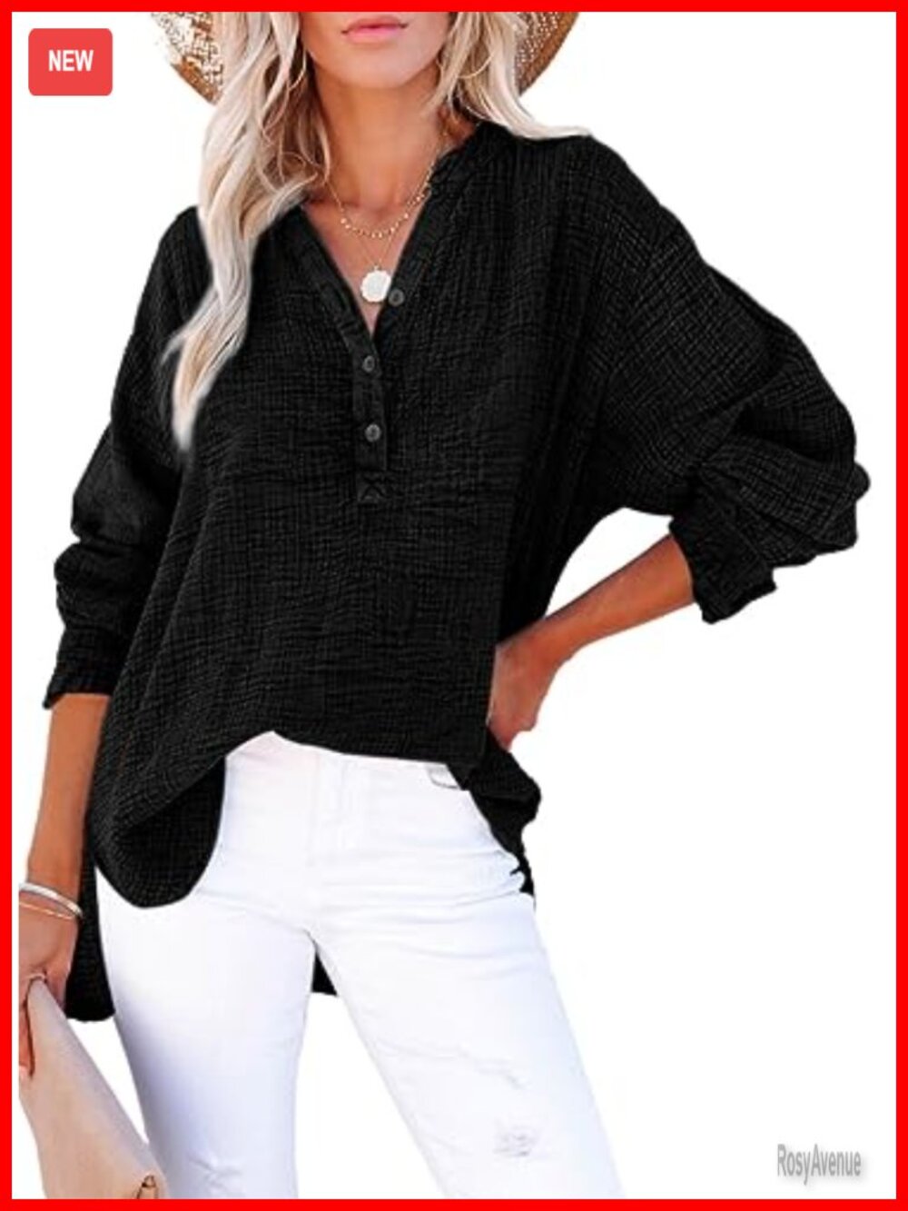 Dokotoo Women's V Neck Button Down Oversized Tunic Blouse Long Sleeve